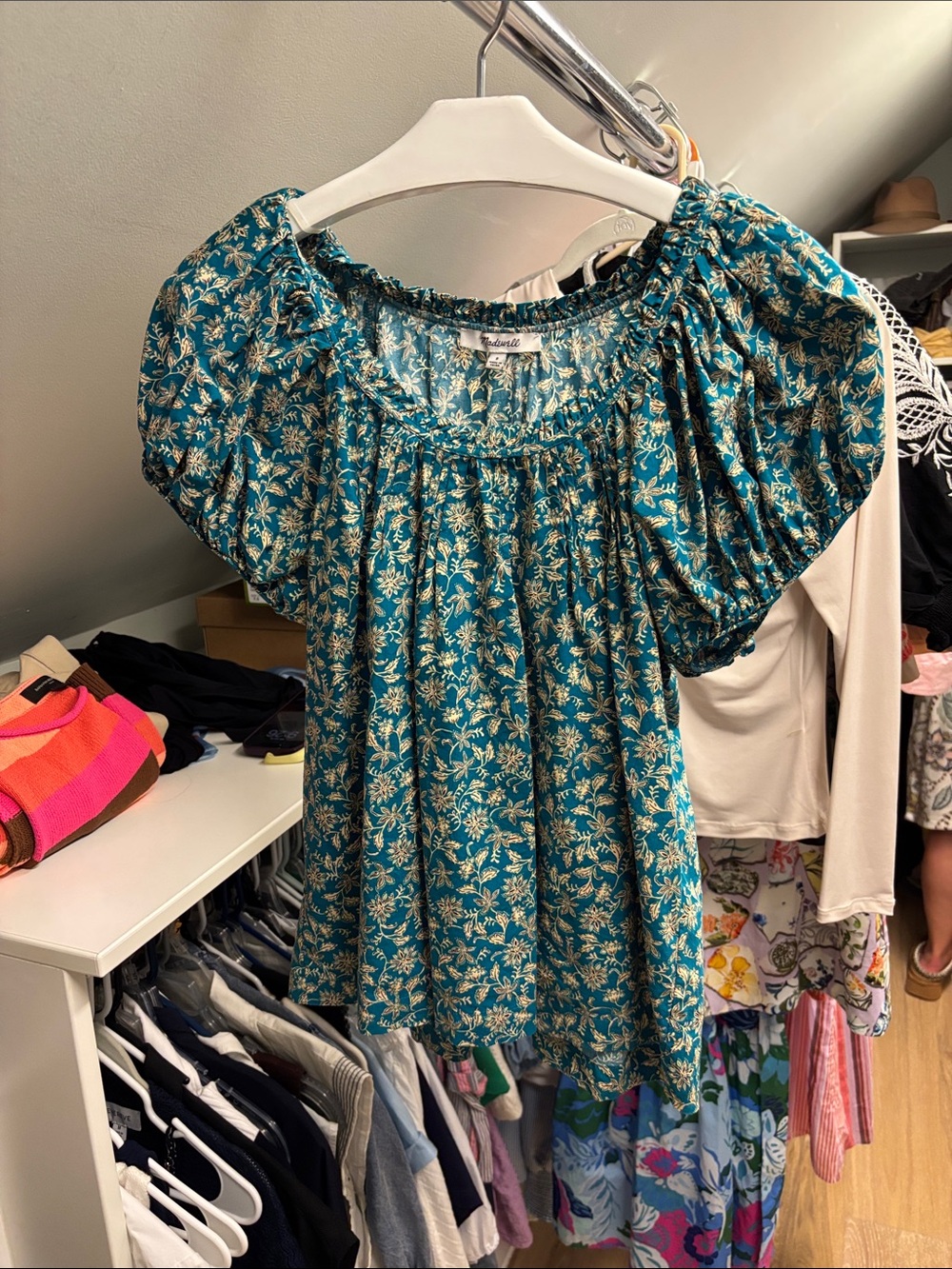 Teal Floral Smocked-Yoke Puff Sleeve Blouse Madewell